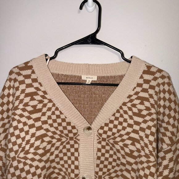 Debut Checkered Cardigan Size M Tan Cream V Neck Button Cozy Knit - Picture 4 of 7